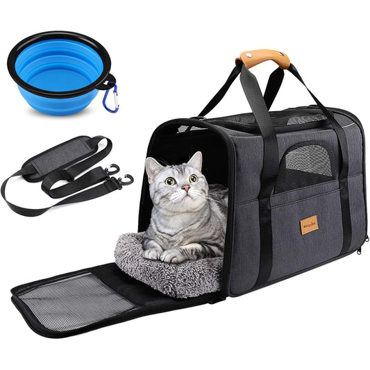 Premium Cat Carrier: Portable Soft-Sided Travel Bag for Cats and Small Dogs - Airline Approved with Removable Mat, Folding Bowl, and Adjustable Shoulder Strap