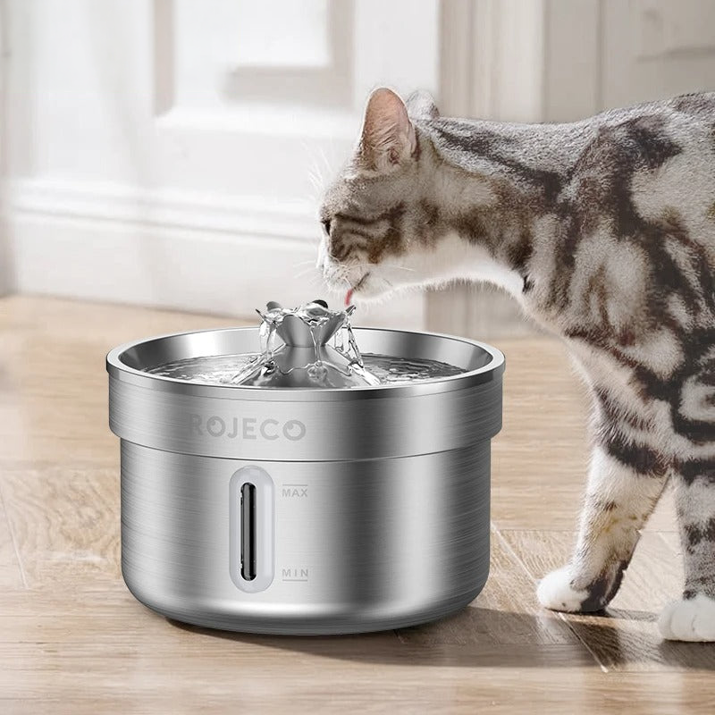 Elevate Your Pet's Hydration with the ROJECO Stainless Steel Automatic Water Fountain - Rechargeable & Hygienic Drinking Solution for Cats and Dogs